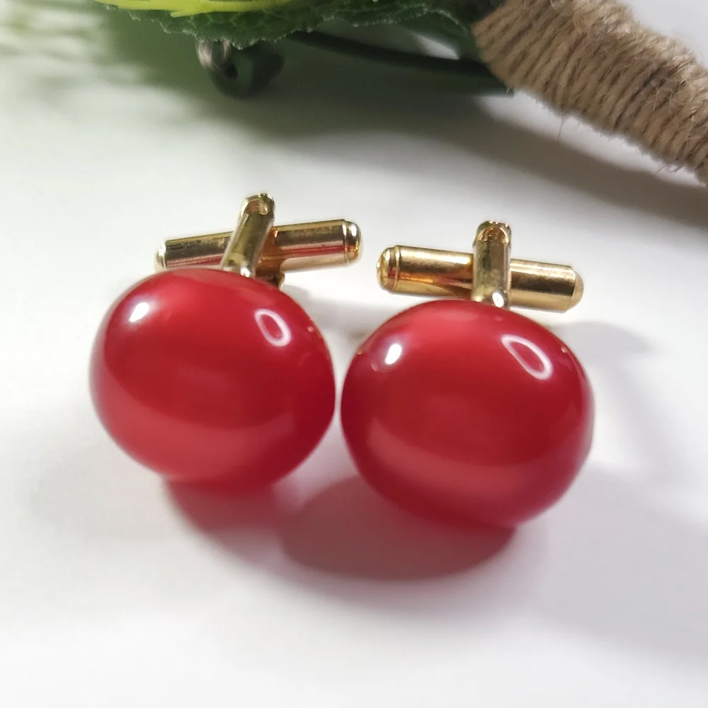 Vintage Red Lucite Moon Glow Gold Tone Cuff Links